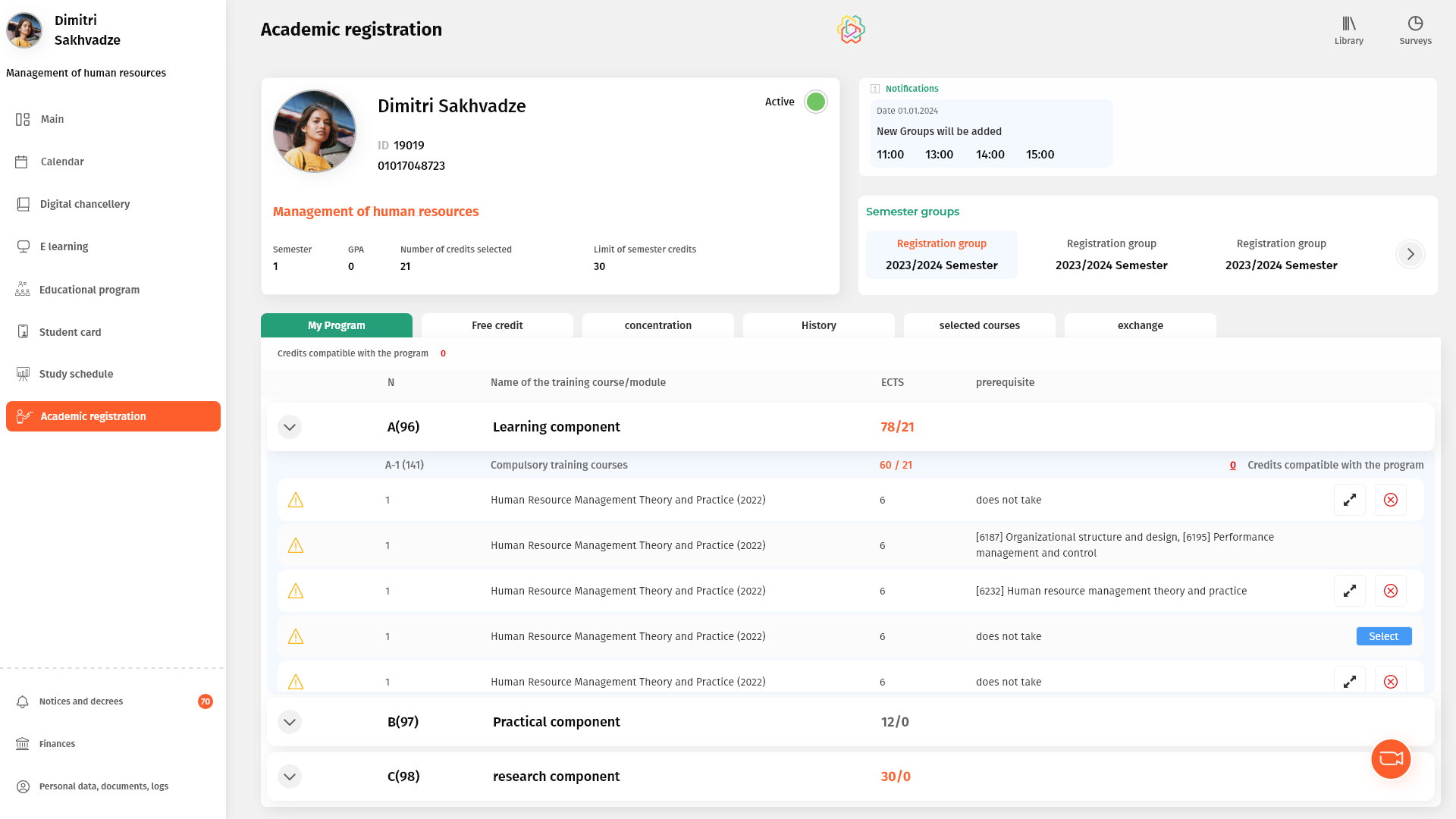 SEU · Student — interface design