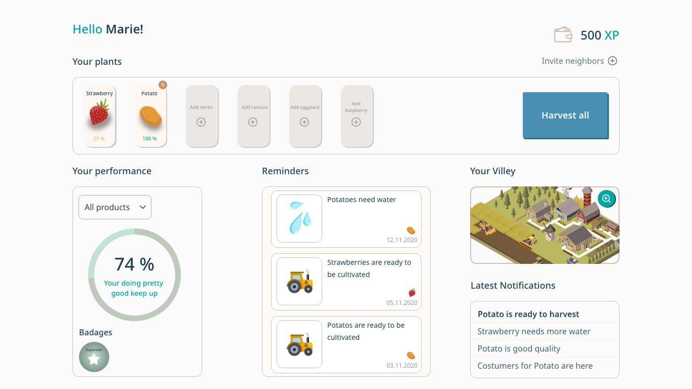 Villey — The home screen is a shelf of plants